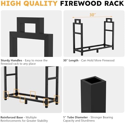 30 Inch Firewood Rack Outdoor Indoor with Handle and Log Carrier Bag, Stable Metal Wood Rack Heavy Duty Log Holder for Fireplace Patio Deck, Rustproof Firewood Storage Organizer Tool, Black, Square