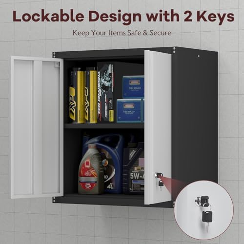Steel Wall Cabinet, Heavy Duty Hanging Garage Storage Cabinet with Adjustable Shelf & Locking Doors, Wall Mounted Metal Garage Cabinet for Workshop, Utility Room, Shed, Black/Grey