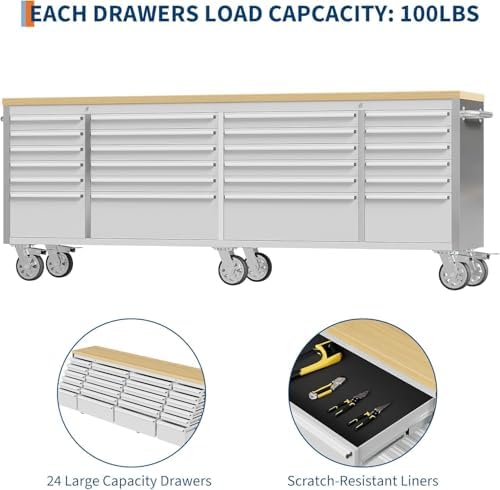 Rolling Tool Chest with Power Strip & Rubber Wood Top - 96 Inch Garage Workbench, Drawer Storage Cabinet Tool Box, Mobile Workstation