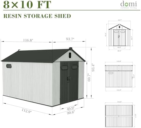 Domi 8x10FT Outdoor Resin Storage Shed with Transparent Windows & Louvered Vents, Plastic Tool Shed with Double Lockable Doors & Gable Roof, Outside Garden Shed for Backyard, Patio, Lawn, Grey
