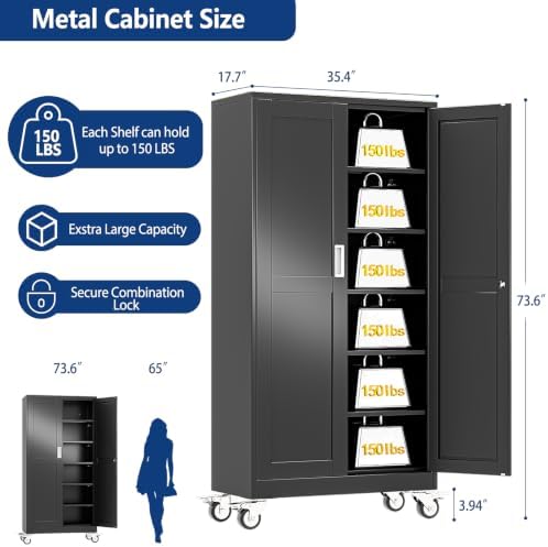 Ckzbx Metal Large Garage Storage Cabinet with Locking Doors and Adjustable Shelves,73.6" H Rolling Tool Storage with Wheels for Garage,Office (Black)