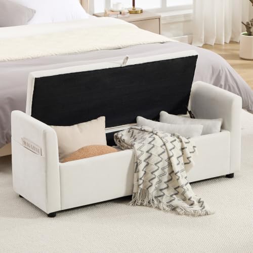 51" End of Bed Storage Bench, Upholstered Chenille Storage Ottoman for Bedroom, Living Room, Entryway, with Arms and 2 Pillows(White)