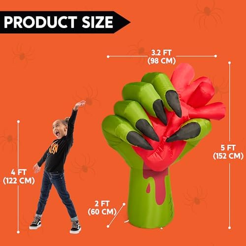 JOIEDOMI 5 Ft Halloween Inflatables Zombie Hand Outdoor Decorations, Blow Up Decors with Build-in LEDs and Pumping Heart, Halloween Inflatables Zombie Hand Party Decoration for Yard Garden Lawn