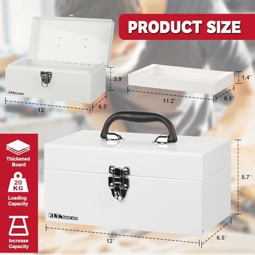P.I.T. Metal Tool Box 12 Inch,Portable Small Toolbox with Latch,White