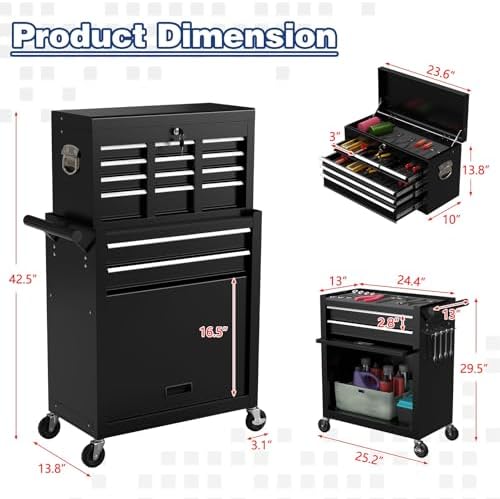 Rolling Tool Box with Wheels, 8-Drawer High Capacity Tool Chest with Wheels, Removable Storage Toolbox with Lock for Workshop, Garage(Black)
