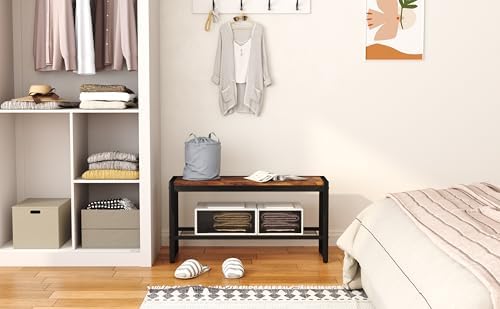 HOMEFORT Shoe Bench, Modern Industrial Shoe Storage Bench, Entryway Bench with Mesh Shelf and Sturdy Metal Frame, Metal Shoe Rack Bench for Hallway, Mudroom, Living Room, Rustic Brown