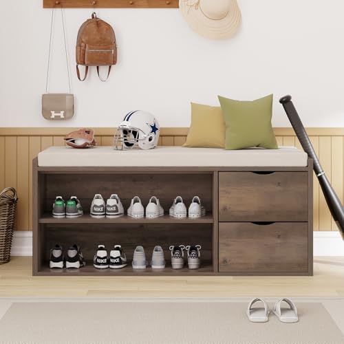 LVB Entryway Bench with Storage, 40" Shoes Bench with Padded Cushioned Seat