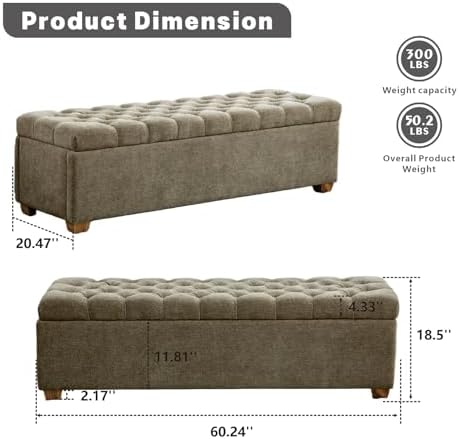 Chifee & Vingol 60" Ottoman with Storage Oversized End of Bed Storage Bench Upholstered Benches for Entryway, Living Room, Bedroom-Taupe