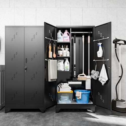 VASAAOSD Metal Garage Storage Cabinet, 75” Cleaning Tool Cabinet with Hooks and Hanging Rods, Heavy Duty Garden Tool Organizer, Broom Cabinets for Home, Garage, Laundry Room, Gym, Workshop