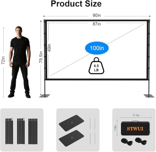 STWUI Outdoor Projector Screen with Stand-100 Inch 16:9 4K HD Portable Projector Screen Outdoor Indoor Front & Rear Projection Screen Lightweight Movie Screen with Carry Bag for Home,Backyard,Camping