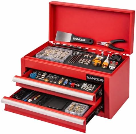 Mini Tool Box - Metal Tool Chest with 2 Drawers & PVC Drawer Liners - Red