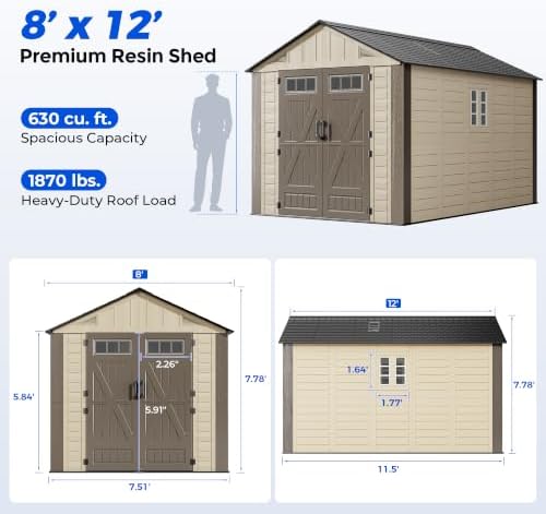 HOMSHADE 8x12 FT Resin Outdoor Storage Shed with Floor, Plastic Garden Shed
