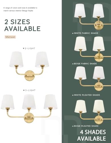2-Light Brushed Gold Bathroom Vanity Light, Pleated Fabric Shade | 17" 2-light gold double wall sconce with white pleated fabric shades, E26 bulbs, hardwired, upward only, VL837-BG-Z-2