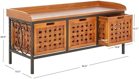 SAFAVIEH Home Collection – Isaac Oak Wooden Storage Bench with Drawers, Entryway & Mudroom Seating, Iron Frame Design, Fully Assembled (AMH6530A)