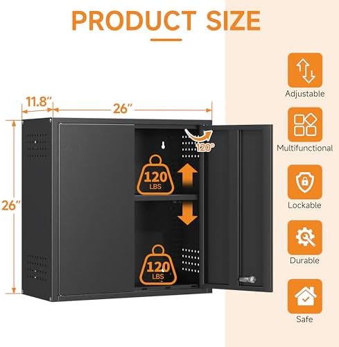 Metal Garage Wall Cabinet with 2 Doors and 1 Adjustable Shelf,Lockable Floating Tool Cabinet with Pegboard,Black Steel Storage Cabinet for Kitchen,Office,Garage,Laundry,Warehouse(Black, 26" H)