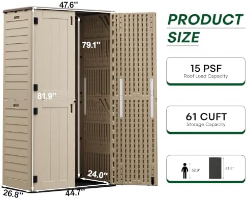 Outdoor Storage Shed Waterproof, 61 Cu.Ft Tall Vertical Resin Sheds
