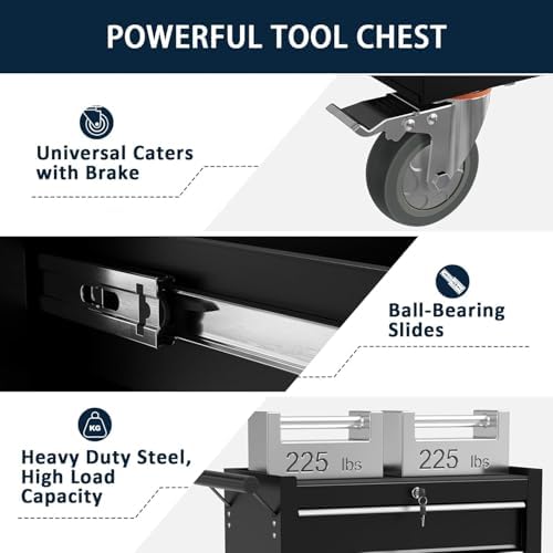 5-Drawer Metal Rolling Tool Chest with Wheels,Tool Storage Cabinet with Locking System，Toolbox with Wheels for Garage, Warehouse, Workshop, Repair Shop (Black, 5Drawer)