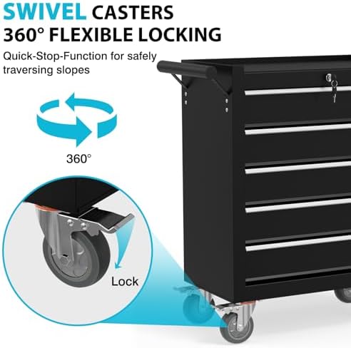 5 Drawers Metal Rolling Tool Chest, Portable Storage Tool Box with Wheels, Toolbox with Lock for Warehouse, Garage, Repair Shop and Tool Room