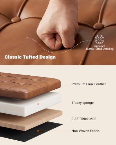 Storage Ottoman Bench, 43.7"PU Leather End of Bed Bench Walnut Brown