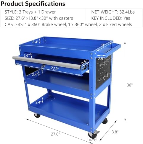 Tool Chest with Wheels, 3-Tier Rolling Tool Box with 1 Drawer & Hooks, Heavy Duty Utility Industrial Service Cart with Locking System Drawer for Garage, Warehouse & Repair Shop,Blue