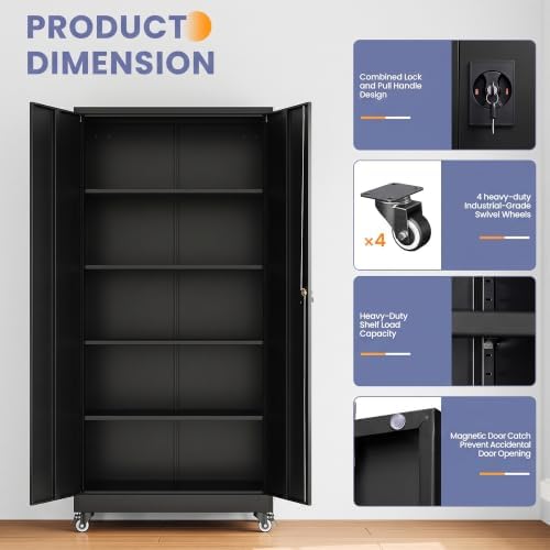 Metal Garage Storage Cabinet with Locking Doors and Adjustable Shelves, Wide & Deep Garage Cabinet on Wheels, 74.5" Rolling Tool Cabinet for Garage, Basement, Home Office