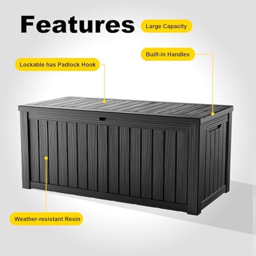 180 Gallon Resin Deck Box, Outdoor Storage Box, Waterproof UV Resistant，Weatherproof Organizer for Patio Furniture Cushions, Pool Accessories, Garden Tools, Indoor & Outdoor Use, Black