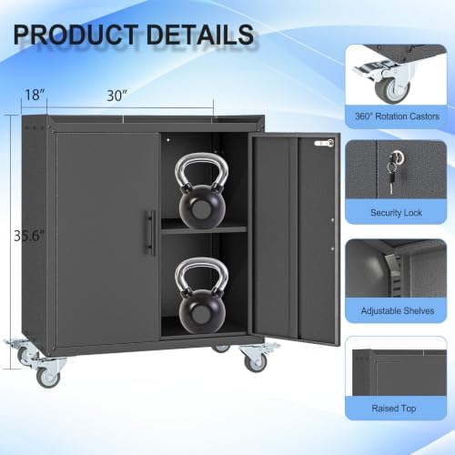35.6" Rolling Metal Garage Storage Cabinet with Wheels & Lock, Black Gray