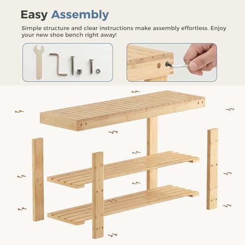 DUMOS Wooden Shoe Rack Bench, 3-Tier Bamboo Entryway Benches with Storage, Holds Up to 286 lb Storage Organizer, Suitable for Bedroom Living Room Balcony, 11.3 x 35.43 x 17.8 Inches, Natural Bamboo