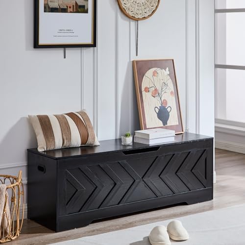 55.1” Storage Bench, Extra Large Entryway Bench with Storage,Storage Chest with 2 Safety Hinges,Blanket Storage,Shoe Storage Chest for Bedroom,Living Room,Easy Assembly. (Black)