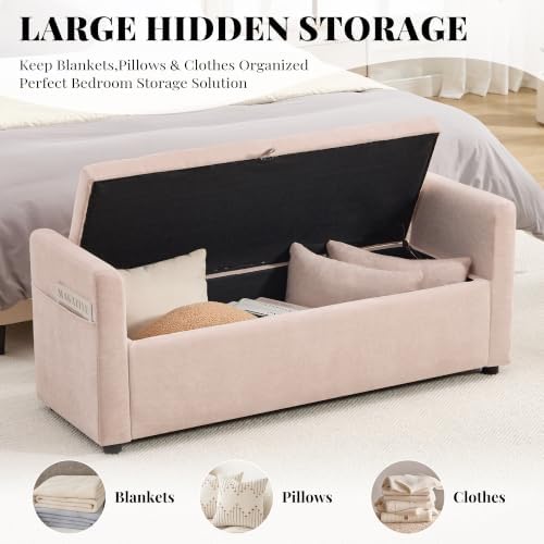 51" End of Bed Storage Bench, Upholstered Chenille Storage Ottoman for Bedroom, Living Room, Entryway, with Arms and 2 Pillows(Pink)