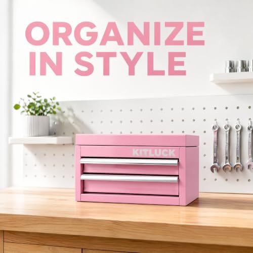 KITLUCK Mini Metal Tool Box, 2-Drawer Top Chest with Ball Bearing Slides, PVC Liners, Durable Cold Rolled Steel Small Tool Organizer for DIY Home Office Multi-Purpose Storage,Pink