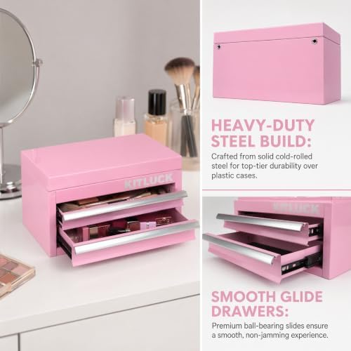 KITLUCK Mini Metal Tool Box, 2-Drawer Top Chest with Ball Bearing Slides, PVC Liners, Durable Cold Rolled Steel Small Tool Organizer for DIY Home Office Multi-Purpose Storage,Pink