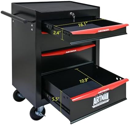 Heavy Duty 4-Drawer Rolling Tool Chest, Key Lock Tool Storage Cabinet with Lockable Casters & Drawer Liners, Mobile Tool Organizer Cart for Garage Workshop Warehouse Repair Shop (Black)