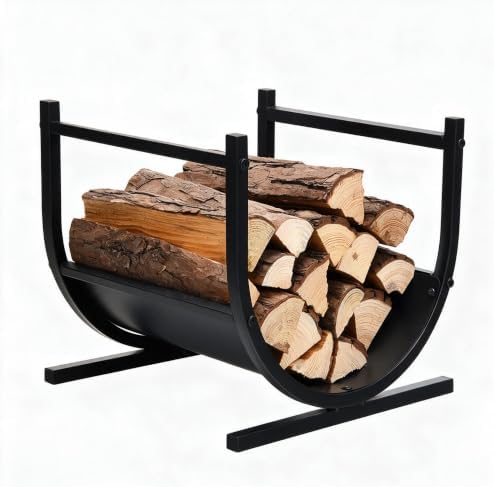Goplus Firewood Rack, 17” U-Shaped Heavy-Duty Iron Log Rack with Stable Base & Carrying Holder, Indoor & Outdoor Decorative Wood Stacking Holder, Easy Set Up