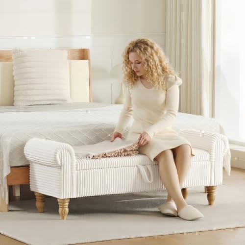 55" Entryway Bench with Storage for Queen Bed, White corduroy Ottoman
