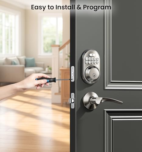 Veise RZ-C Keyless Entry Door Lock with 2 Lever Handles, Satin Nickel