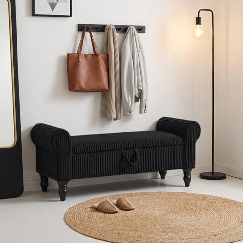 55" Corduroy Storage Ottoman Bench, Queen Bed, Black