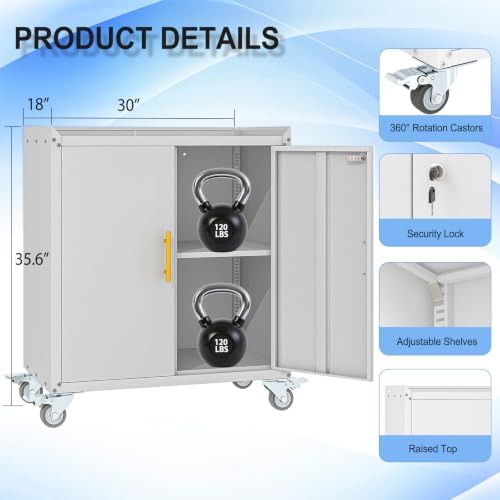 35.6" Rolling Metal Garage Storage Cabinet with Wheels & Lock, Grey White