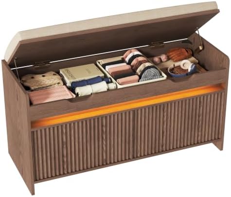 HOMEFORT Shoe Storage Bench, Modern Entryway Bench with Fluted Doors & Built-in LED Sensor Light, Wooden Shoe Bench with Cushion for Hallway and Bedroom, Walnut