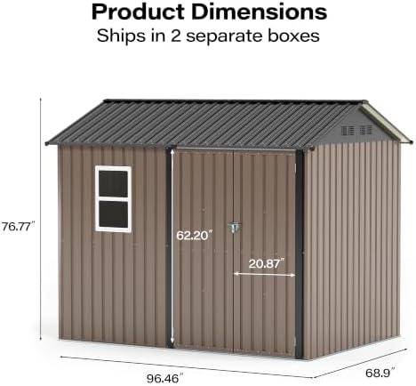 LAUSAINT HOME 8 x 6 FT Outdoor Storage Shed with Window, Galvanized Steel Storage Shed, Double Lockable Doors, Gable Roof & Air Vent for Backyard, Brown