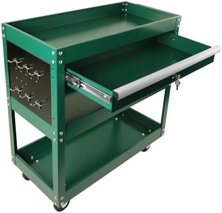 Tool Chest with Wheels, 3-Tier Rolling Tool Box with 1 Drawer & Hooks, Heavy Duty Utility Industrial Service Cart with Locking System Drawer for Garage, Warehouse & Repair Shop,Green