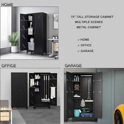 75" Taller Metal Garage Storage Cabinet,Tool Chest, Large Office Storage Cabinet with Lock Doors, Stainless Steel Bottom Plate with Holes,Utility Room Organization(H75* D16.53*L33.85)(Black)