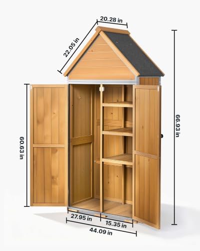 VEVOR Outdoor Storage Shed, 30" x 66.93" Wood & Metal Garden Tool Shed with Lockable Doors & Sloped Roof, Waterproof Outside Storage Cabinet with Shelves & Floor for Backyard Patio Lawn, Brown