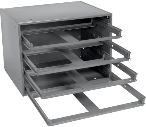 Global Industrial Durham Steel Compartment Box Rack with Four Adjustable Divider Compartment Boxes, 18" L x 12" W x 3" H Boxes, 20" L x 15-3/4"W x 15" H Overall