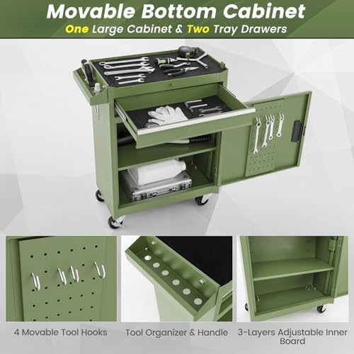 DREAMADE 5-Drawer Tool Chest Combo, Rolling Tool Cabinet w/Detachable Top Tool Box, Adjustable Shelves, Lockable Wheels, Metal Tool Box for Garage, Workshop, Repair Shop Storage (Olive Green)