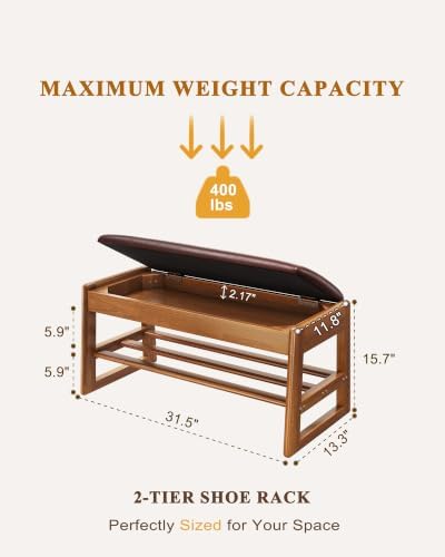 Shoe Rack Bench with Hidden Storage, 2‑Tier Solid Rubberwood Entryway Bench