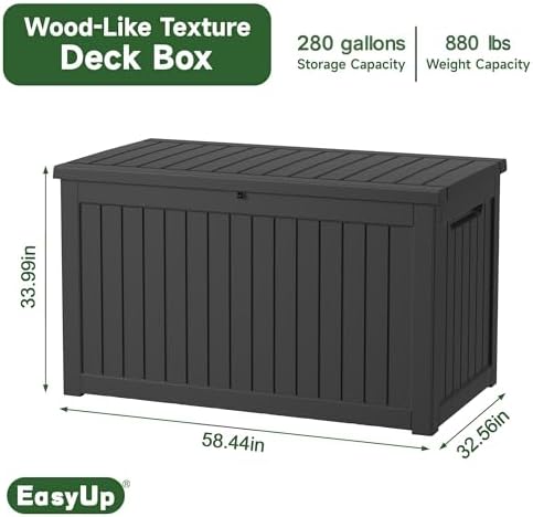 EasyUp 280 Gallon Outdoor Storage Box Waterproof, UV Resistant Resin Deck Box with Hydraulic Rod, Reinforced Stability for Patio, Garden,Striped Black