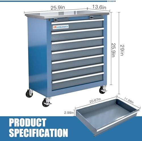 LARBANKE 7-Drawer Rolling Tool Chest with Wheels&Foot Pads,Bluetool Cabinet