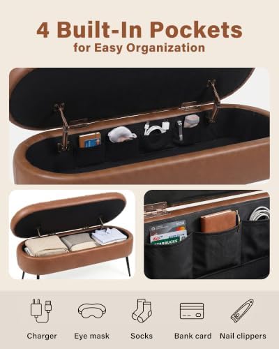 Storage Ottoman Bench, 43.7"PU Leather End of Bed Bench Walnut Brown