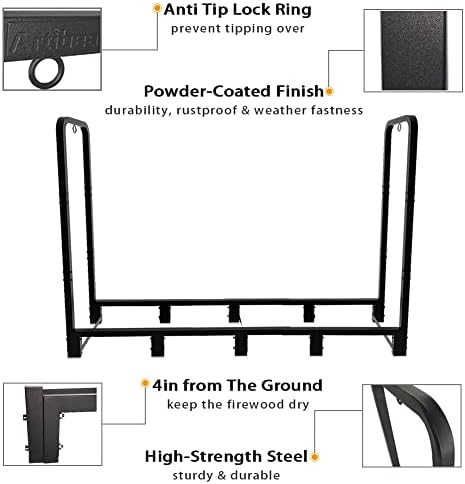 8ft Outdoor Firewood Rack, Upgraded Heavy Duty Logs Stand Stacker Holder for Fireplace - Metal Lumber Storage Carrier Organizer, Bright Black